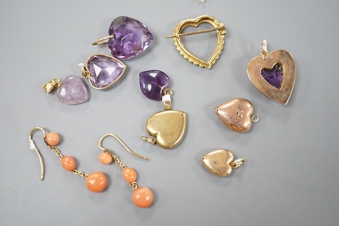 Nine assorted gem set heart shaoed pendants including amethyst and seed pearl, 21mm and turquoise and seed pearl and a pair of yellow metal and coral bead set drop earrings.